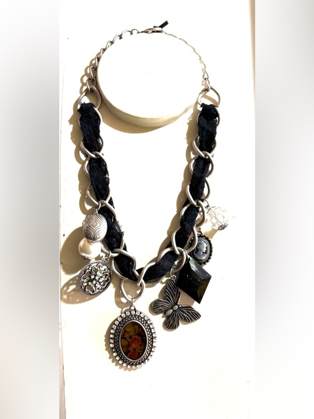 Women's Black Ribbon and Silver Charm Necklace